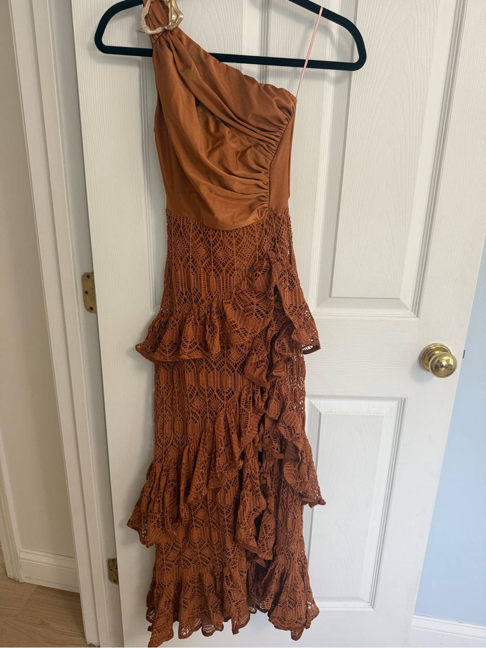 Patbo One-Shoulder Rust Crochet Ruffle Maxi Dress - Picture 6 of 6